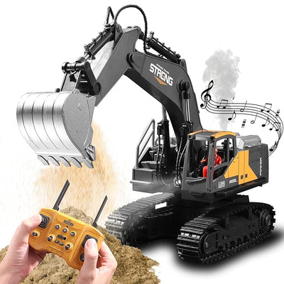 RC Excavator Toy - 16-Channel with Smoke, Sound, Lights & Metal Digger