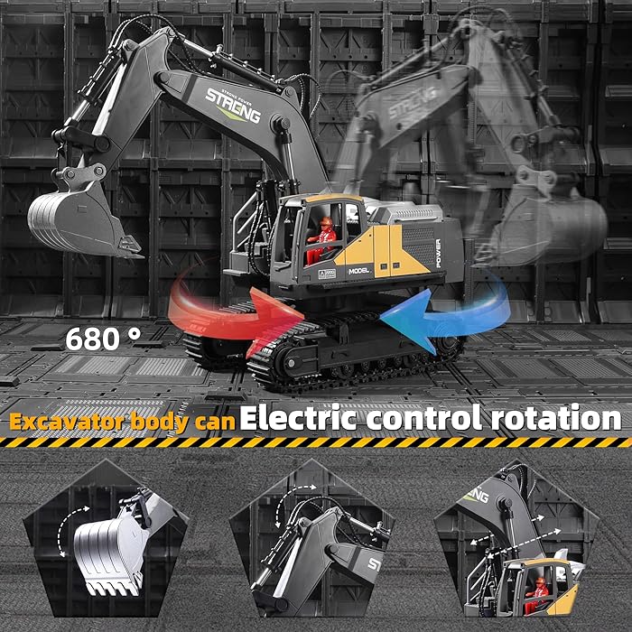 RC Excavator Toy - 16-Channel with Smoke, Sound, Lights & Metal Digger