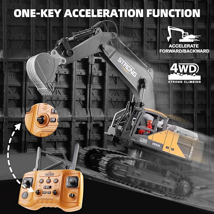 RC Excavator Toy - 16-Channel with Smoke, Sound, Lights & Metal Digger