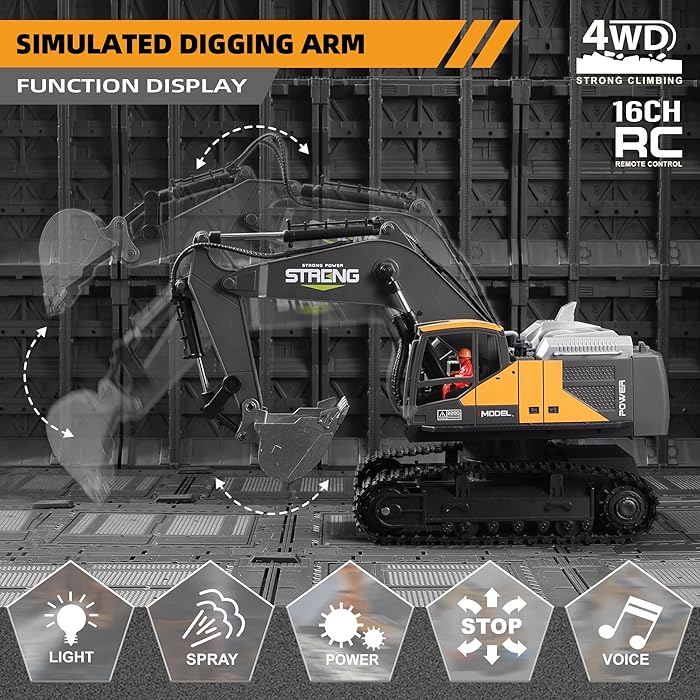 RC Excavator Toy - 16-Channel with Smoke, Sound, Lights & Metal Digger