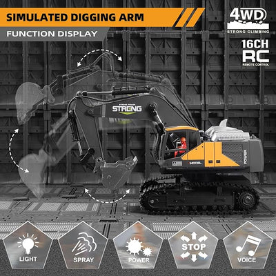 RC Excavator Toy - 16-Channel with Smoke, Sound, Lights & Metal Digger