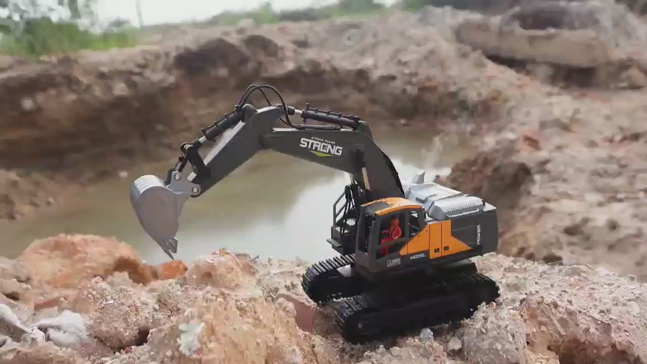 RC Excavator Toy - 16-Channel with Smoke, Sound, Lights & Metal Digger